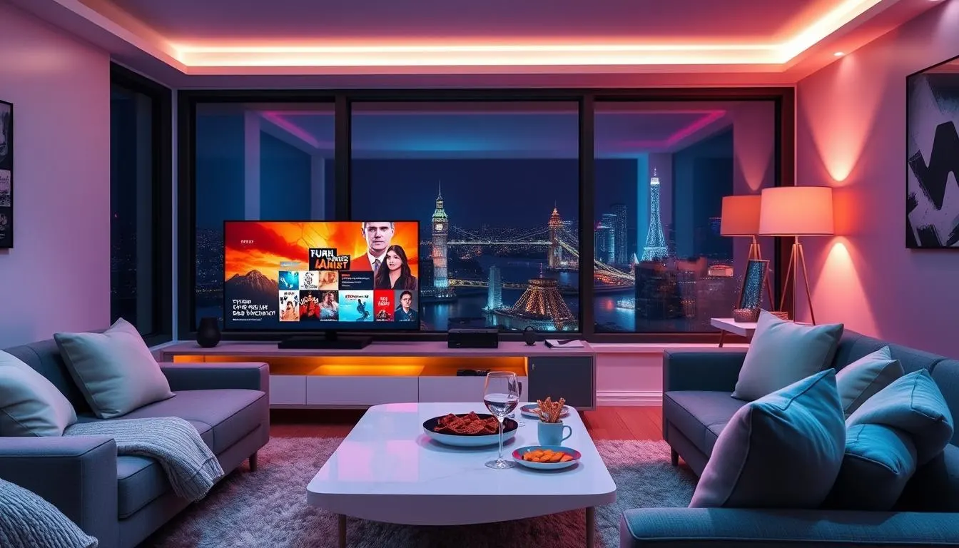 Banner showcasing IPTV free trial options in the UK for 2024, featuring various devices and a user-friendly interface