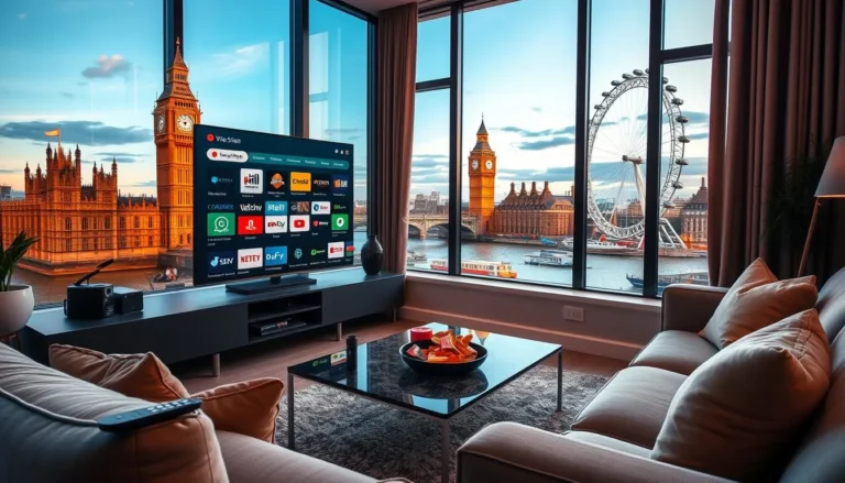 Promotional image showcasing IPTV options in the UK for 2024, with subscription plans, free trial offers, and broadband recommendations on various devices