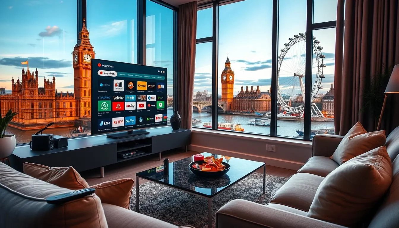 Promotional image showcasing IPTV options in the UK for 2024, with subscription plans, free trial offers, and broadband recommendations on various devices