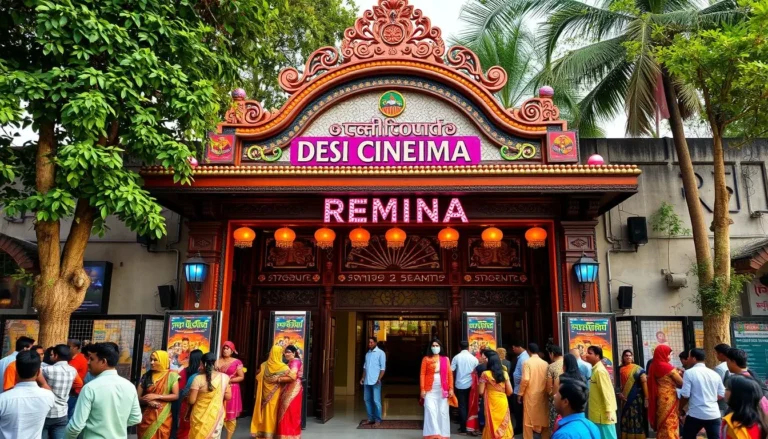 A vibrant and bustling scene from a Desi cinema, showcasing colorful movie posters and excited moviegoers.